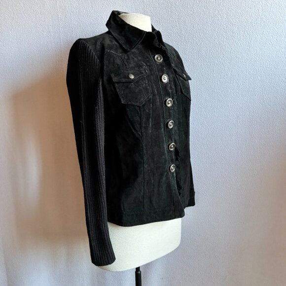 Black Suede & Knit Jacket Snap Closure Pockets Ruffle Front Size M - Picture 4 of 11